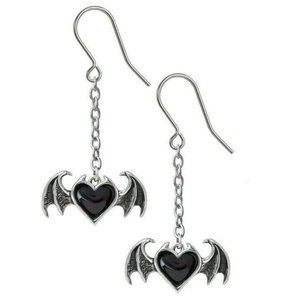 Alchemy Gothic Winged Black Heart Dangle Earrings NWT